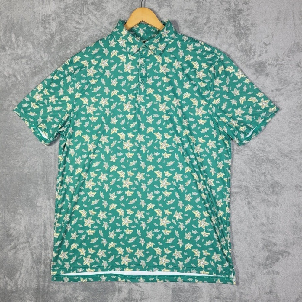 Etonic Polo Shirt Mens XL Green Yellow Floral Full Print Golf Short Sleeve